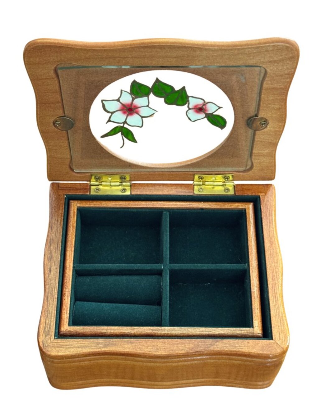 Mele Wooden Jewelry Box Green Velvet Lift Out Tray Glass Floral Lid - Picture 2 of 10